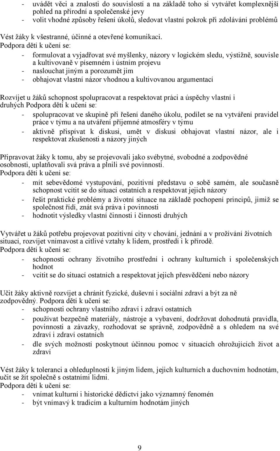 Podpora dětí k učení se: - formulovat a vyjadřovat své myšlenky, názory v logickém sledu, výstižně, souvisle a kultivovaně v písemném i ústním projevu - naslouchat jiným a porozumět jim - obhajovat