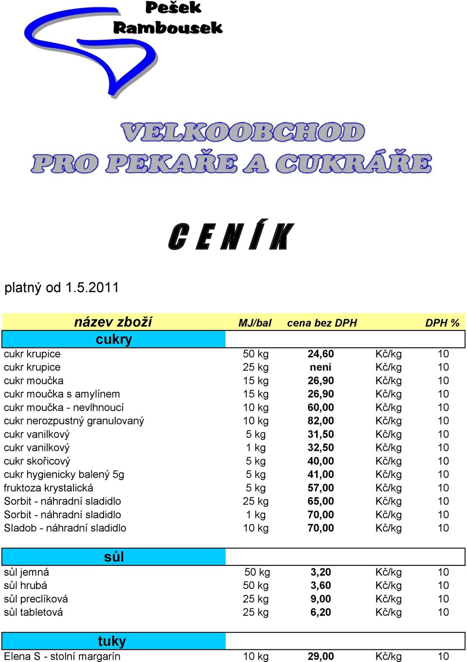 moučka - nevlhnoucí 10 kg 60,00 Kč/kg 10 cukr nerozpustný granulovaný 10 kg 82,00 Kč/kg 10 cukr vanilkový 5 kg 31,50 Kč/kg 10 cukr vanilkový 1 kg 32,50 Kč/kg 10 cukr skořicový 5 kg 40,00 Kč/kg 10