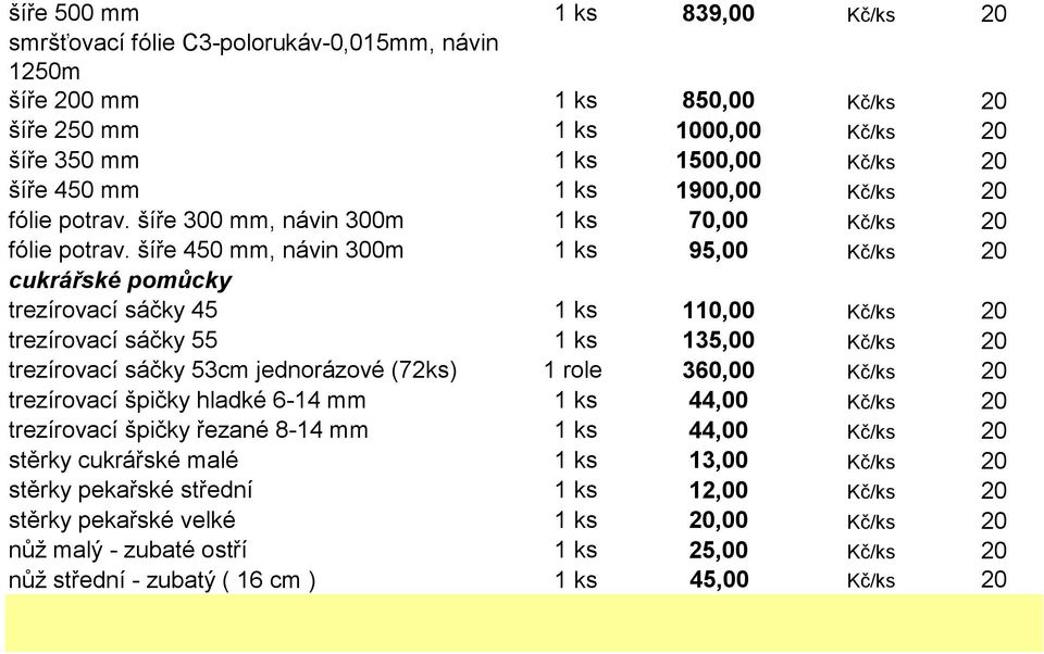 šíře 450 mm, návin 300m 1 ks 95,00 Kč/ks 20 cukrářské pomůcky trezírovací sáčky 45 1 ks 110,00 Kč/ks 20 trezírovací sáčky 55 1 ks 135,00 Kč/ks 20 trezírovací sáčky 53cm jednorázové (72ks) 1 role