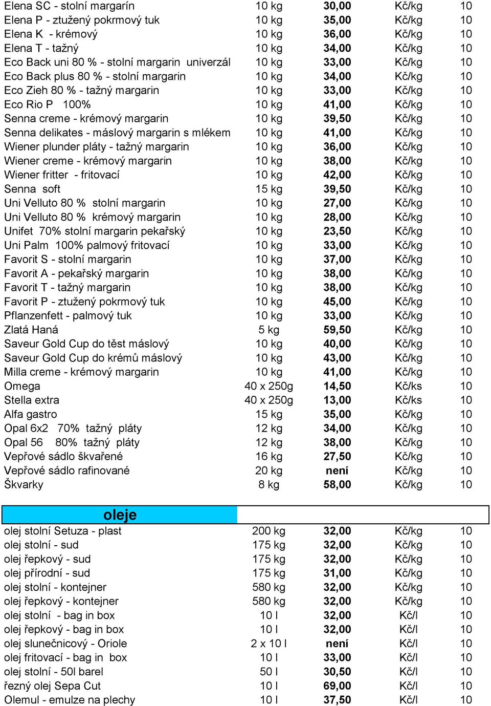creme - krémový margarin 10 kg 39,50 Kč/kg 10 Senna delikates - máslový margarin s mlékem 10 kg 41,00 Kč/kg 10 Wiener plunder pláty - taţný margarin 10 kg 36,00 Kč/kg 10 Wiener creme - krémový