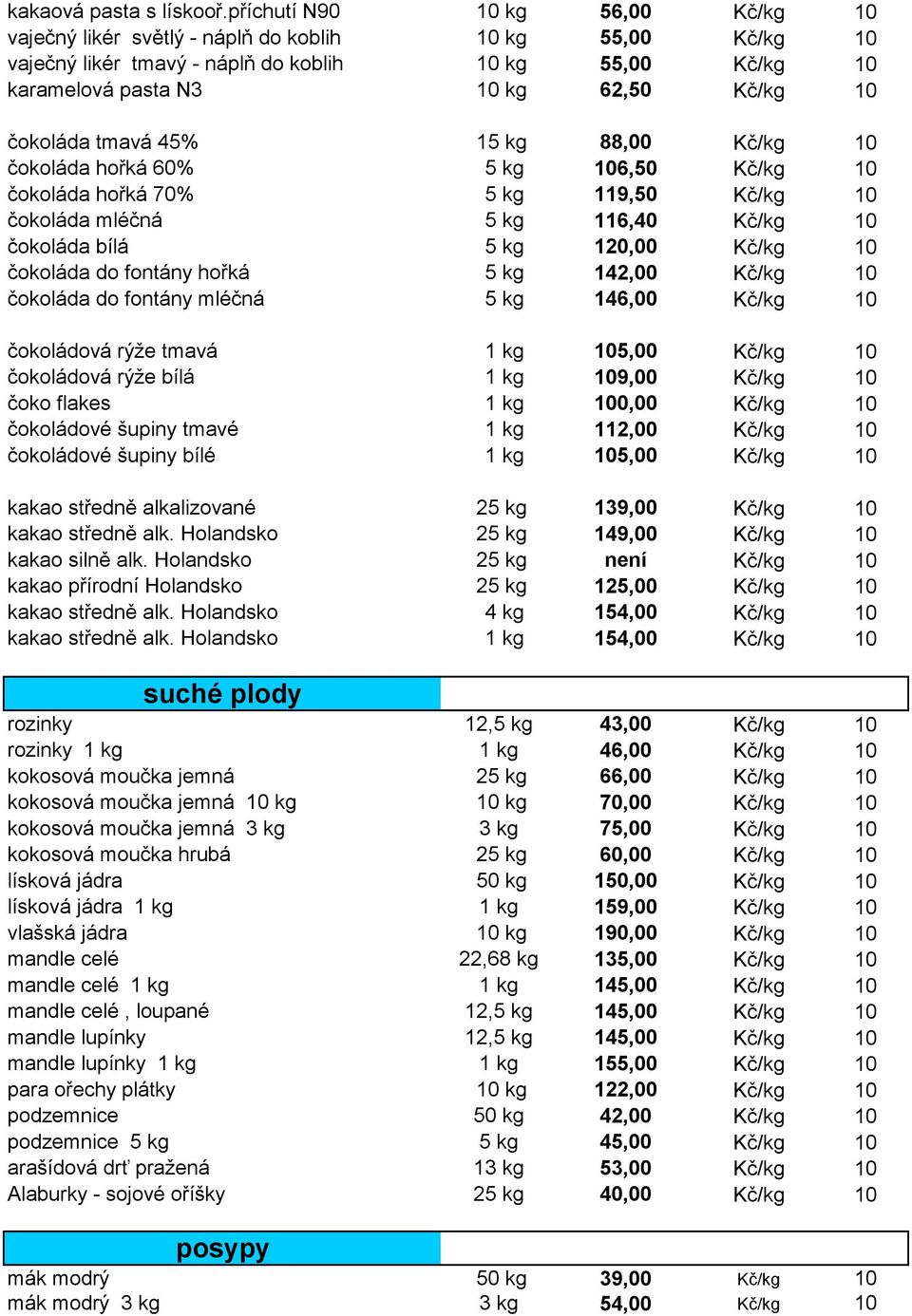 čokoláda tmavá 45% 15 kg 88,00 Kč/kg 10 čokoláda hořká 60% 5 kg 106,50 Kč/kg 10 čokoláda hořká 70% 5 kg 119,50 Kč/kg 10 čokoláda mléčná 5 kg 116,40 Kč/kg 10 čokoláda bílá 5 kg 120,00 Kč/kg 10