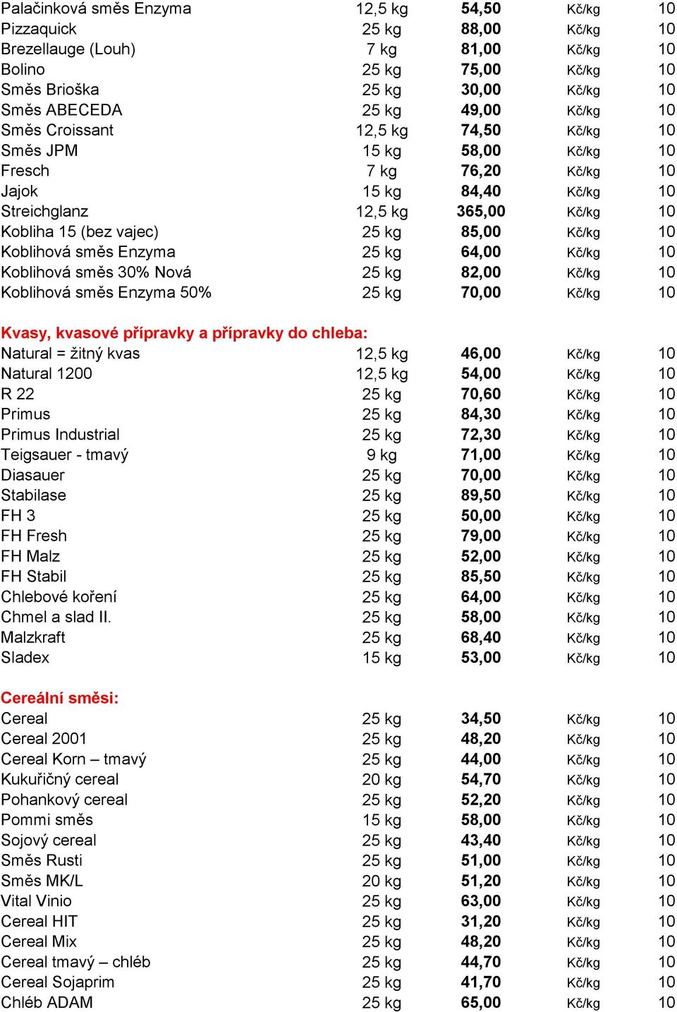 kg 85,00 Kč/kg 10 Koblihová směs Enzyma 25 kg 64,00 Kč/kg 10 Koblihová směs 30% Nová 25 kg 82,00 Kč/kg 10 Koblihová směs Enzyma 50% 25 kg 70,00 Kč/kg 10 Kvasy, kvasové přípravky a přípravky do