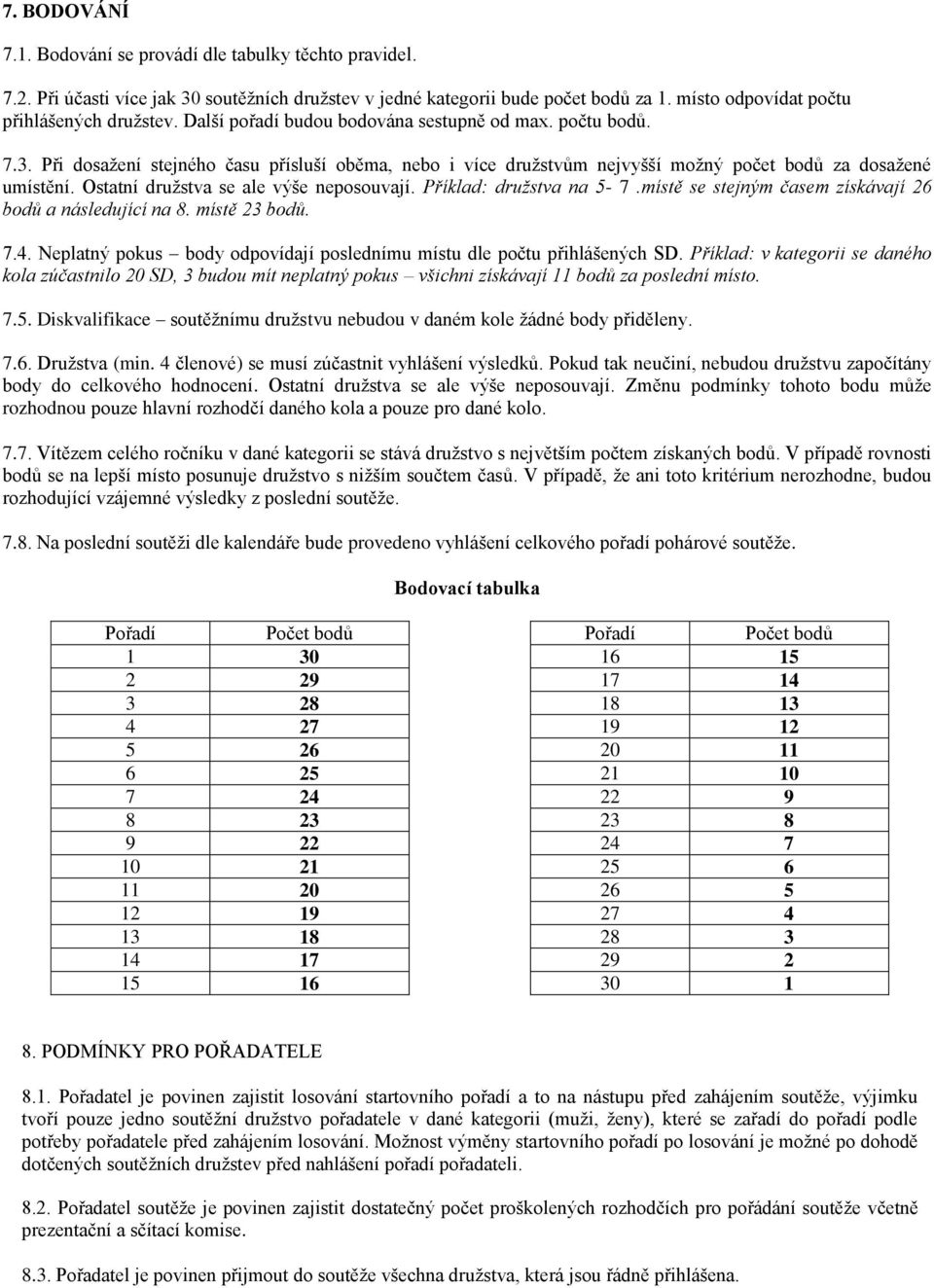 Ostatní družstva se ale výše neposouvají. Příklad: družstva na 5-7.místě se stejným časem získávají 26 bodů a následující na 8. místě 23 bodů. 7.4.