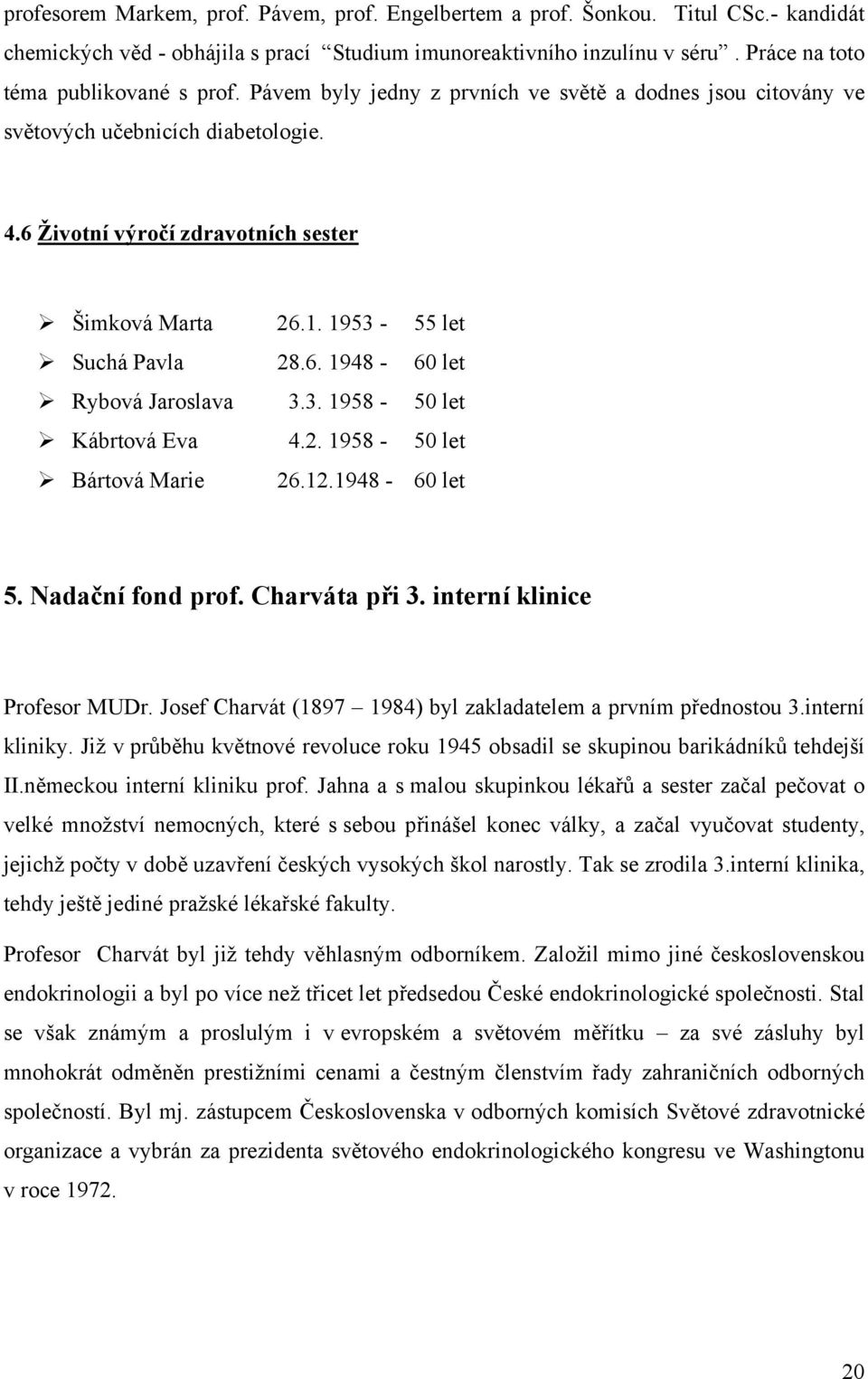 1953-55 let Suchá Pavla 28.6. 1948-60 let Rybová Jaroslava 3.3. 1958-50 let Kábrtová Eva 4.2. 1958-50 let Bártová Marie 26.12.1948-60 let 5. Nadační fond prof. Charváta při 3.