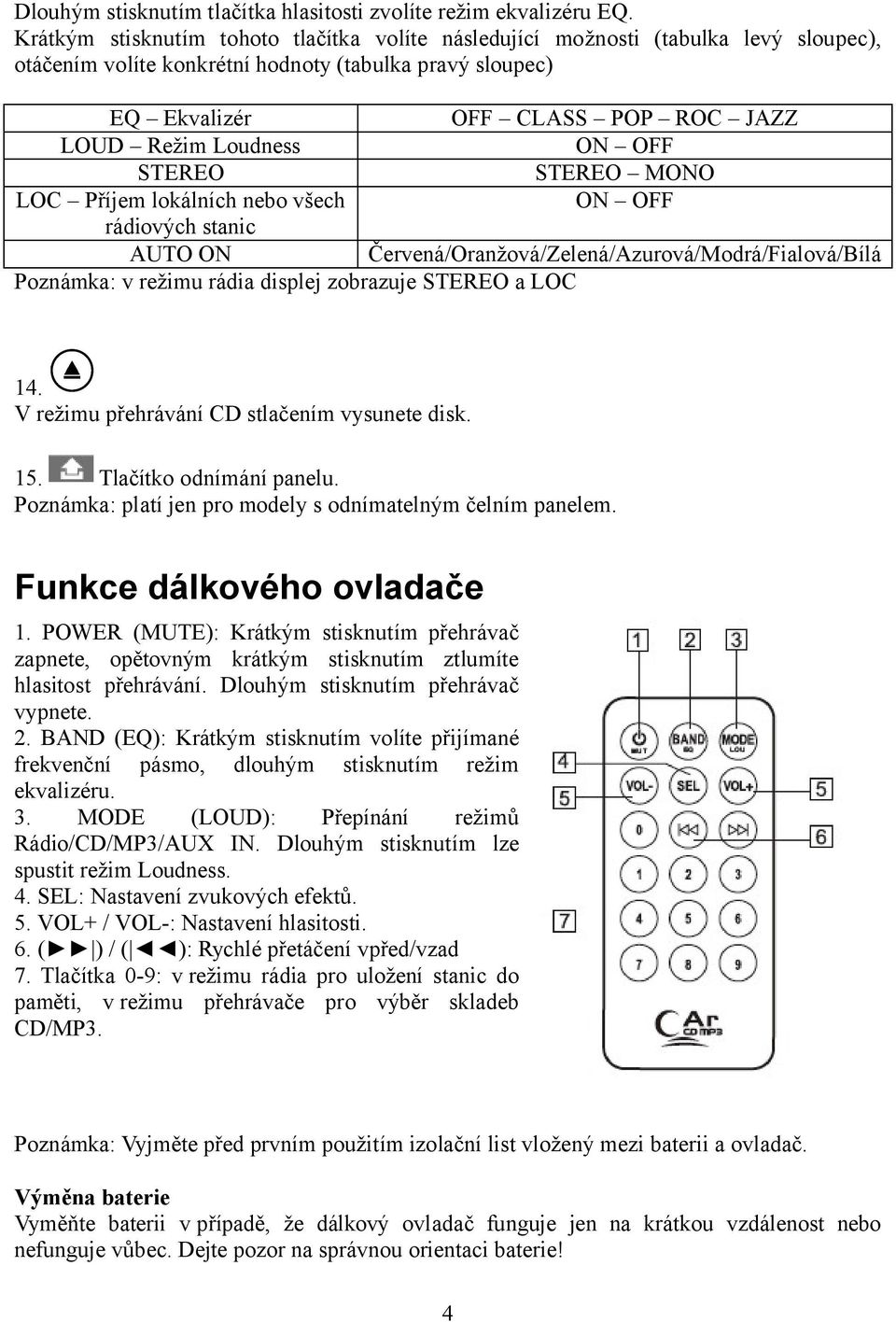 Loudness ON OFF STEREO STEREO MONO LOC Příjem lokálních nebo všech ON OFF rádiových stanic AUTO ON Červená/Oranžová/Zelená/Azurová/Modrá/Fialová/Bílá Poznámka: v režimu rádia displej zobrazuje STEREO