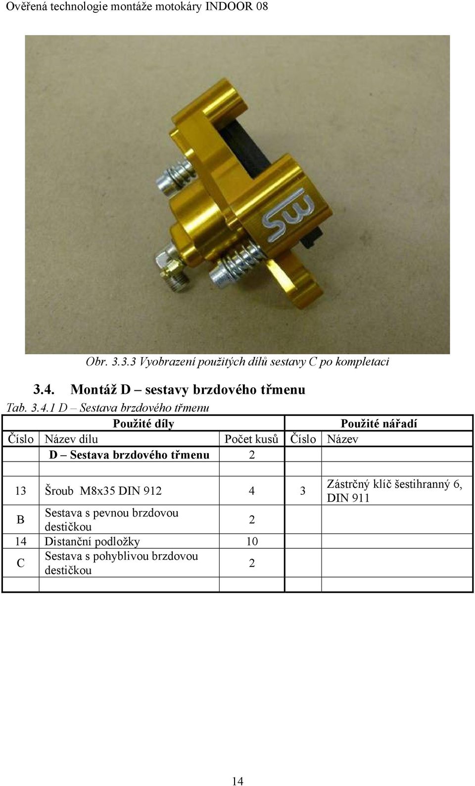 1 D Sestava brzdového třmenu Použité díly Použité nářadí Číslo Název dílu Počet kusů Číslo Název D