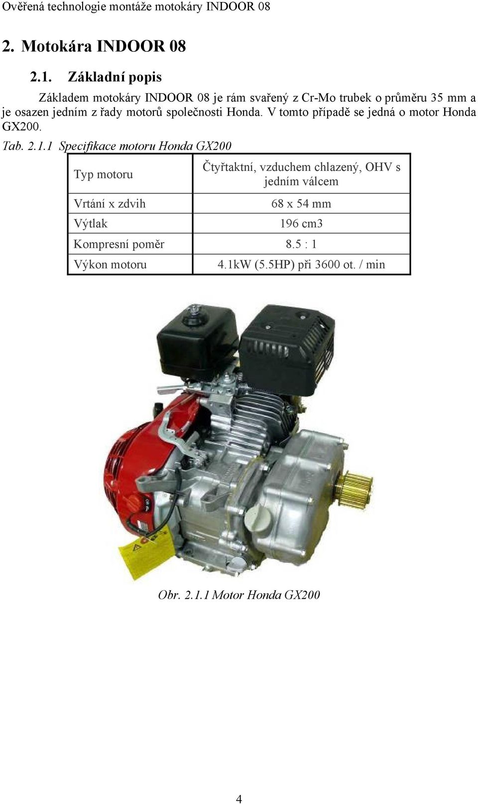 motorů společnosti Honda. V tomto případě se jedná o motor Honda GX200. Tab. 2.1.