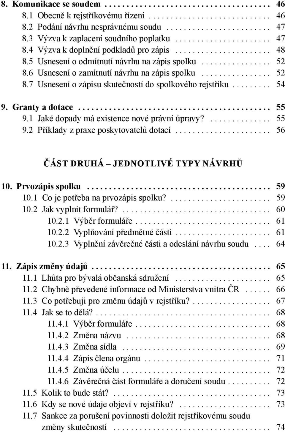 6 Usnesení o zamítnutí návrhu na zápis spolku................ 52 8.7 Usnesení o zápisu skutečností do spolkového rejstříku......... 54 9. Granty a dotace............................................ 55 9.