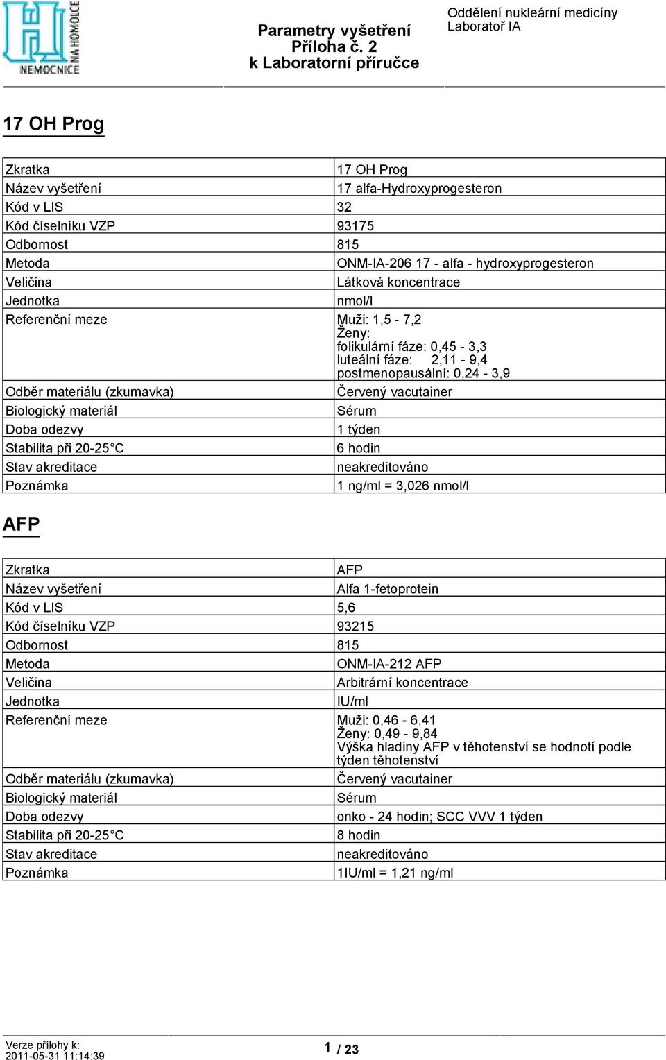 3,026 nmol/l AFP AFP Alfa 1-fetoprotein Kód v LIS 5,6 Kód číselníku VZP 93215 ONM-IA-212 AFP Arbitrární koncentrace IU/ml Referenční meze