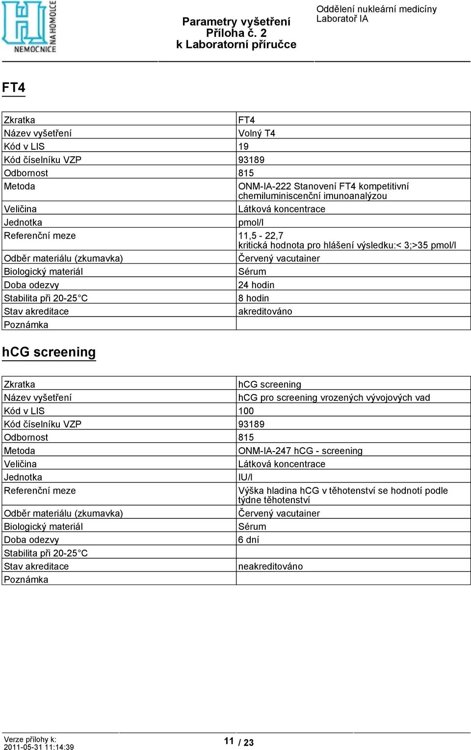 akreditováno hcg screening hcg screening hcg pro screening vrozených vývojových vad Kód v LIS 100 Kód číselníku VZP