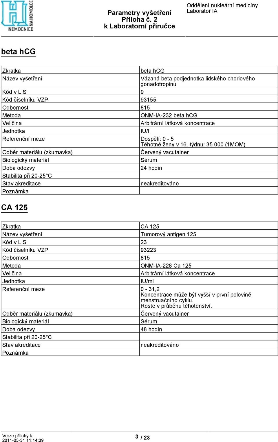 týdnu: 35 000 (1MOM) CA 125 Tumorový antigen 125 Kód v LIS 23 Kód číselníku VZP 93223 ONM-IA-228 Ca 125