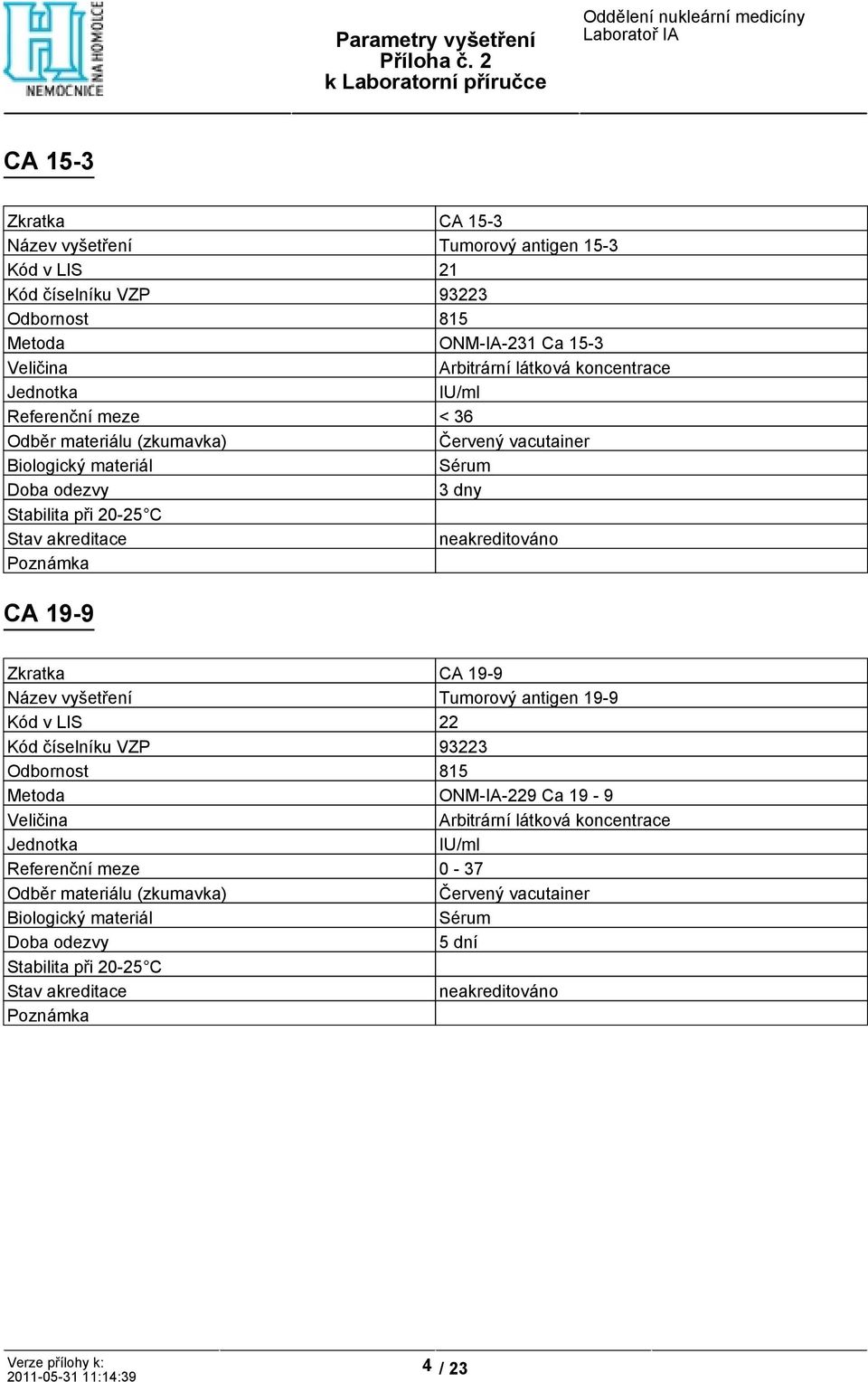 19-9 CA 19-9 Tumorový antigen 19-9 Kód v LIS 22 Kód číselníku