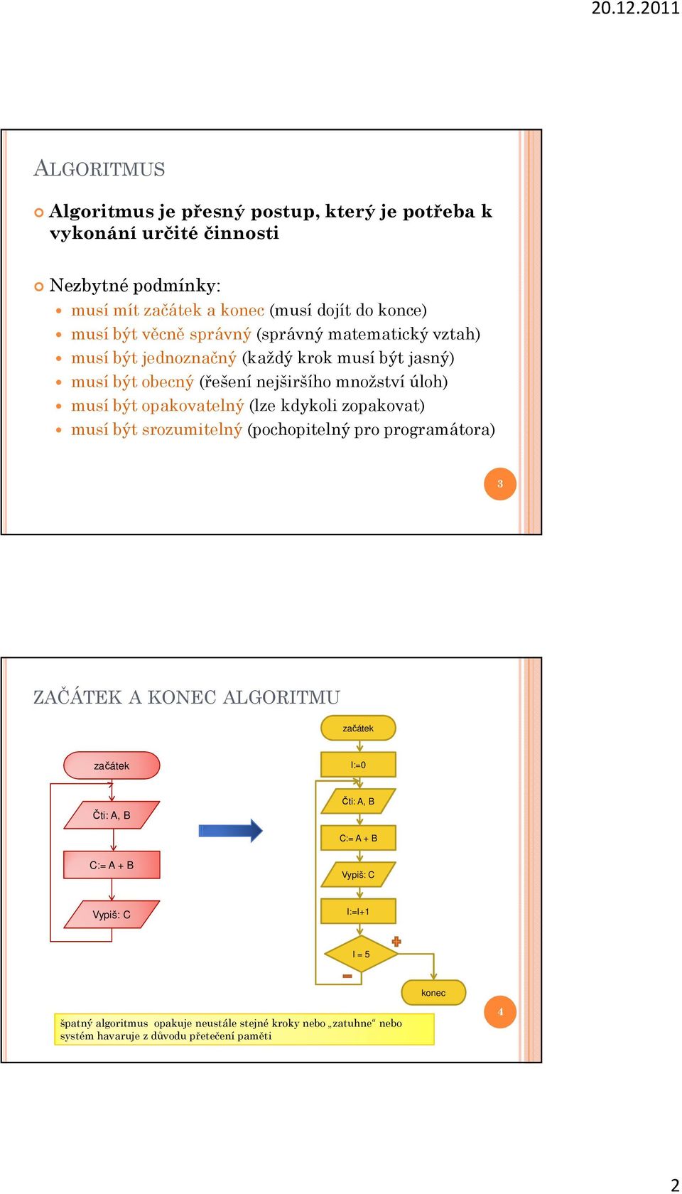 opakovatelný (lze kdykoli zopakovat) musí být srozumitelný (pochopitelný pro programátora) 3 ZAČÁTEK A KONEC ALGORITMU I:=0 Čti: A, B Čti: A, B C:= A