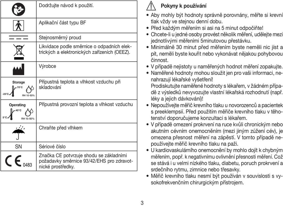 Výrobce Přípustná teplota a vlhkost vzduchu při skladování Přípustná provozní teplota a vlhkost vzduchu Chraňte před vlhkem Sériové číslo Značka CE potvrzuje shodu se základními požadavky směrnice