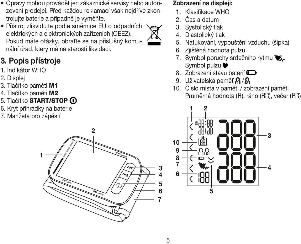 Zobrazení na displeji: 1. Klasifikace WHO 2. Čas a datum 3. Systolický tlak 4. Diastolický tlak 5. Nafukování, vypouštění vzduchu (šipka) 6. Zjištěná hodnota pulzu 7.