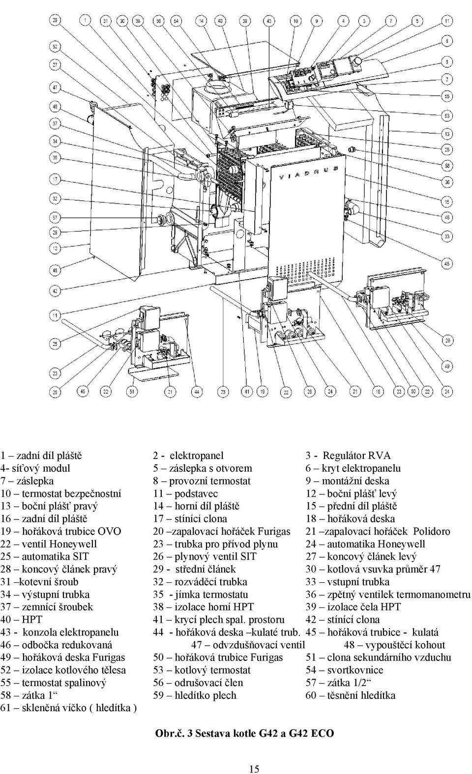 zapalovací hořáček Polidoro 22 ventil Honeywell 23 trubka pro přívod plynu 24 automatika Honeywell 25 automatika SIT 26 plynový ventil SIT 27 koncový článek levý 28 koncový článek pravý 29 - střední