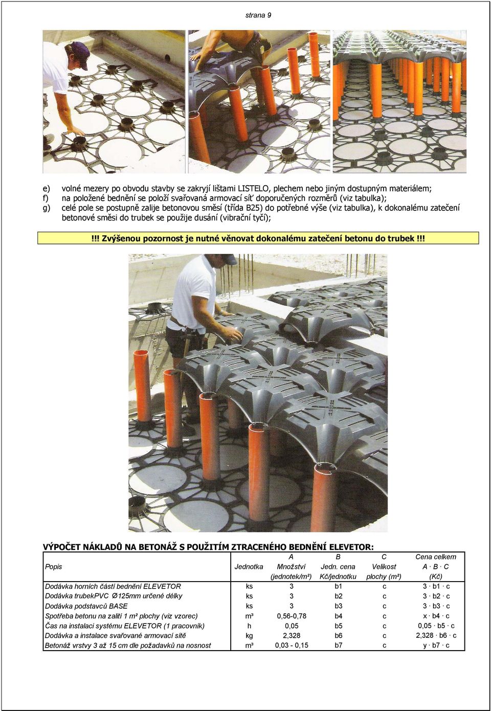 !! Zvýšenou pozornost je nutné věnovat dokonalému zatečení betonu do trubek!!! VÝPOČET NÁKLADŮ NA BETONÁŽ S POUŽITÍM ZTRACENÉHO BEDNĚNÍ ELEVETOR: A B C Cena celkem Popis Jednotka Množství Jedn.