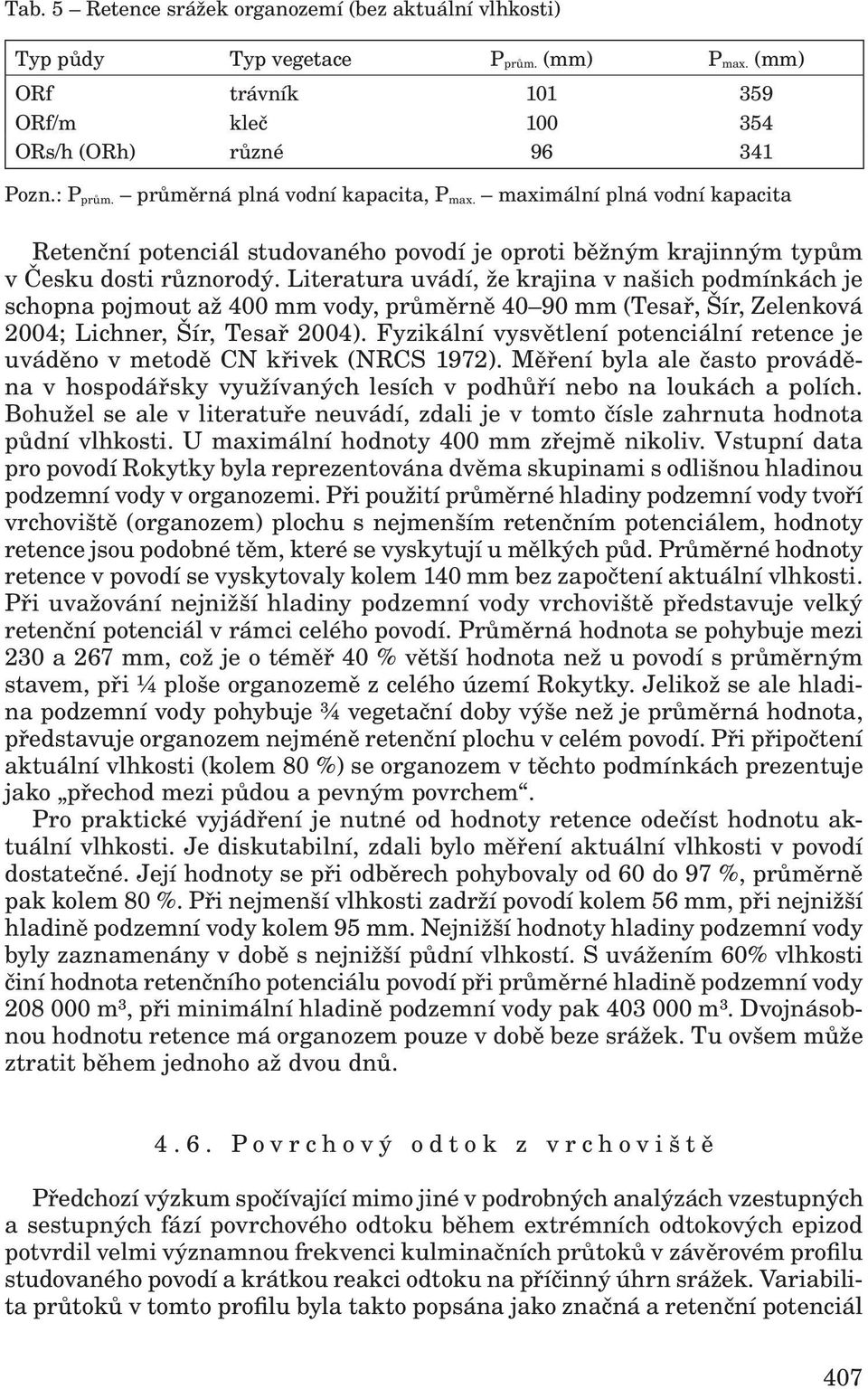 Literatura uvádí, že krajina v našich podmínkách je schopna pojmout až 400 mm vody, průměrně 40 90 mm (Tesař, Šír, Zelenková 2004; Lichner, Šír, Tesař 2004).