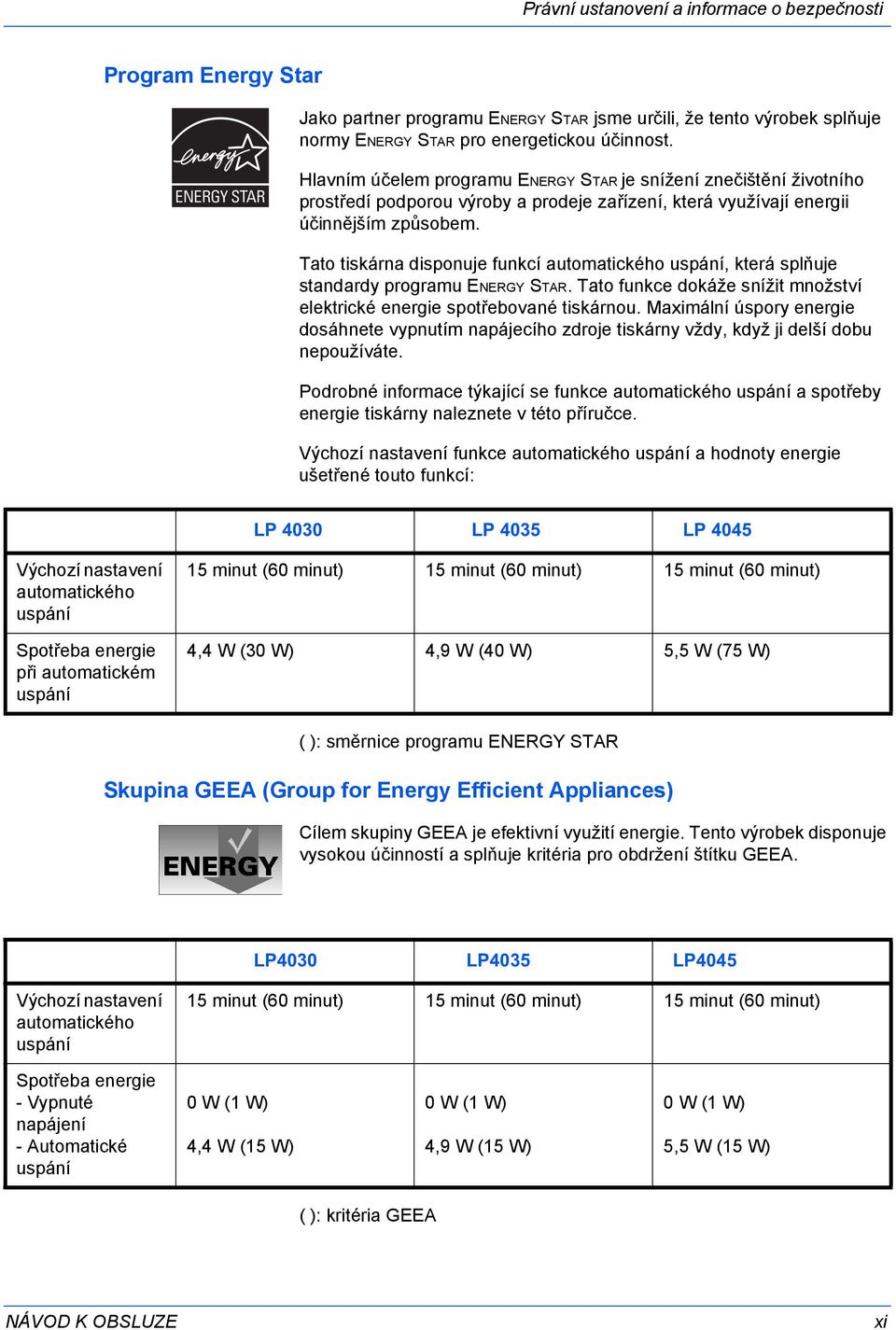 Tato tiskárna disponuje funkcí automatického uspání, která splňuje standardy programu ENERGY STAR. Tato funkce dokáže snížit množství elektrické energie spotřebované tiskárnou.
