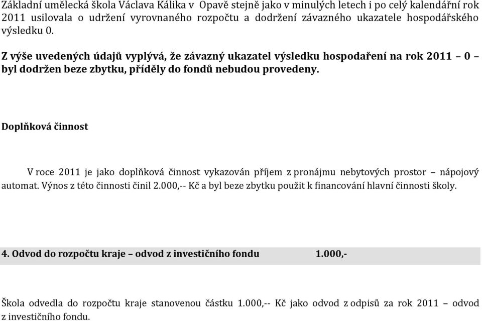 Doplňková činnost V roce 2011 je jako doplňková činnost vykazován příjem z pronájmu nebytových prostor nápojový automat. Výnos z této činnosti činil 2.