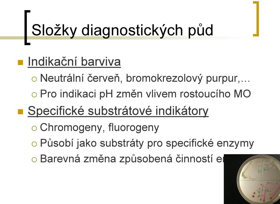 Specifické substrátové indikátory Chromogeny, fluorogeny Působí