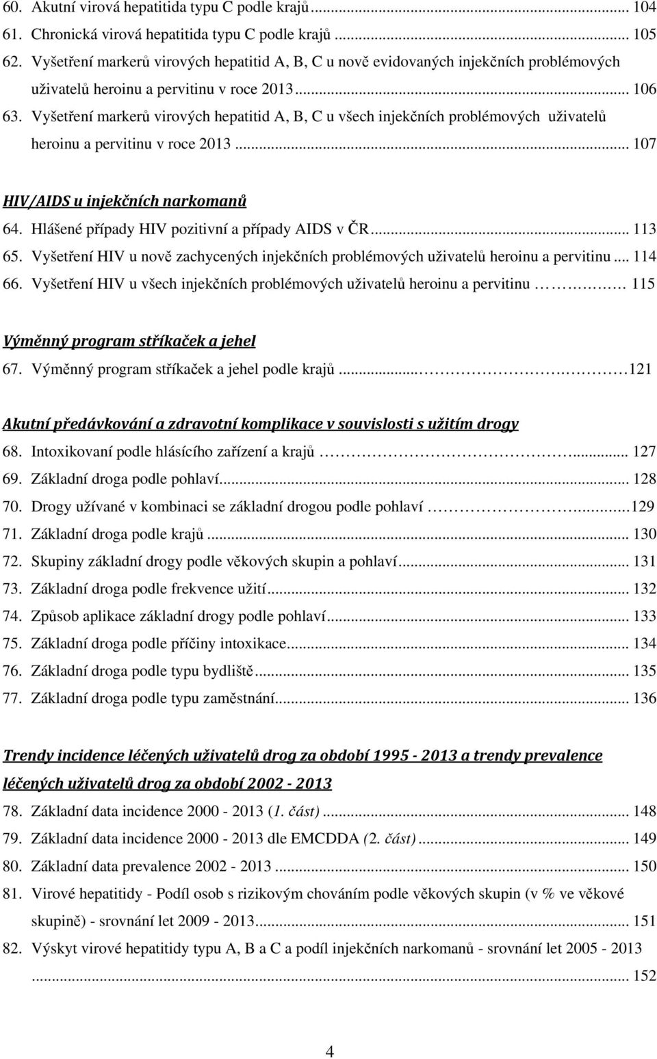 Vyšetření markerů virových hepatitid A, B, C u všech injekčních problémových uživatelů heroinu a pervitinu v roce 20... 107 HIV/AIDS u injekčních narkomanů 64.