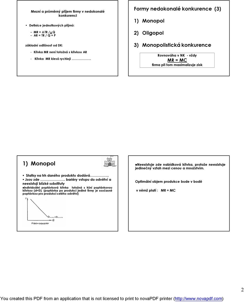 . Jsou zde. bariéry vstupu do odvětví a neexistují blízké substituty individuální poptávková křivka totožná s tržní poptávkovou křivkou (d=d).
