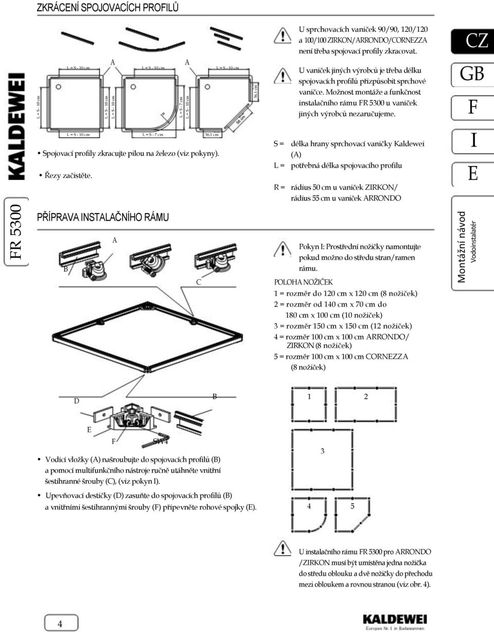 Možnost montáže a funkčnost instalačního rámu R 5300 u vaniček jiných výrobců nezaručujeme. L = S - 10 cm L = S - 7 cm 90 x 90 36,1 cm Spojovací profily zkracujte pilou na železo (viz pokyny).
