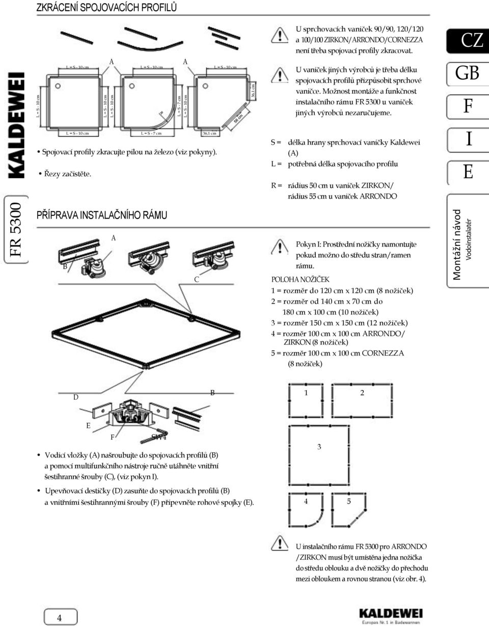 Možnost montáže a funkčnost instalačního rámu R 5300 u vaniček jiných výrobců nezaručujeme. L = S - 10 cm L = S - 7 cm 90 x 90 36,1 cm Spojovací profily zkracujte pilou na železo (viz pokyny).