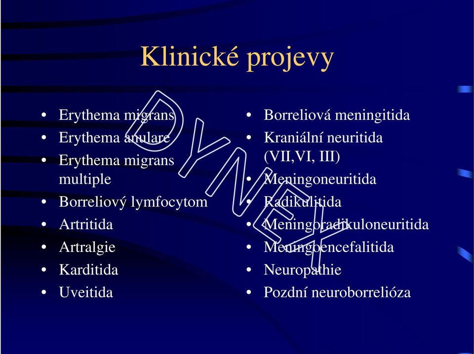 Karditida Uveitida Kraniální neuritida (VII,VI, III) Meningoneuritida