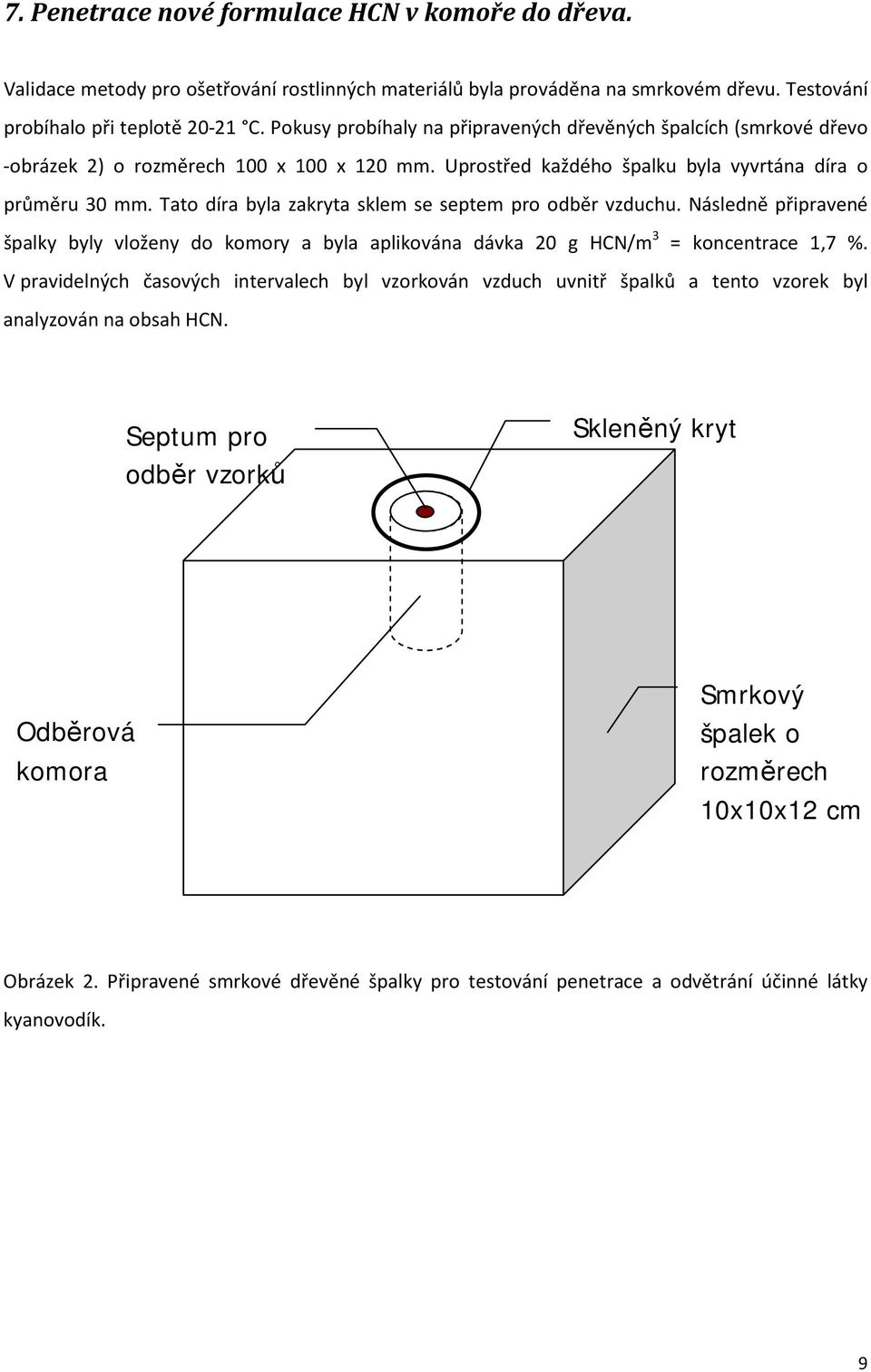 Tato díra byla zakryta sklem se septem pro odběr vzduchu. Následně připravené špalky byly vloženy do komory a byla aplikována dávka 20 g HCN/m 3 = koncentrace 1,7 %.