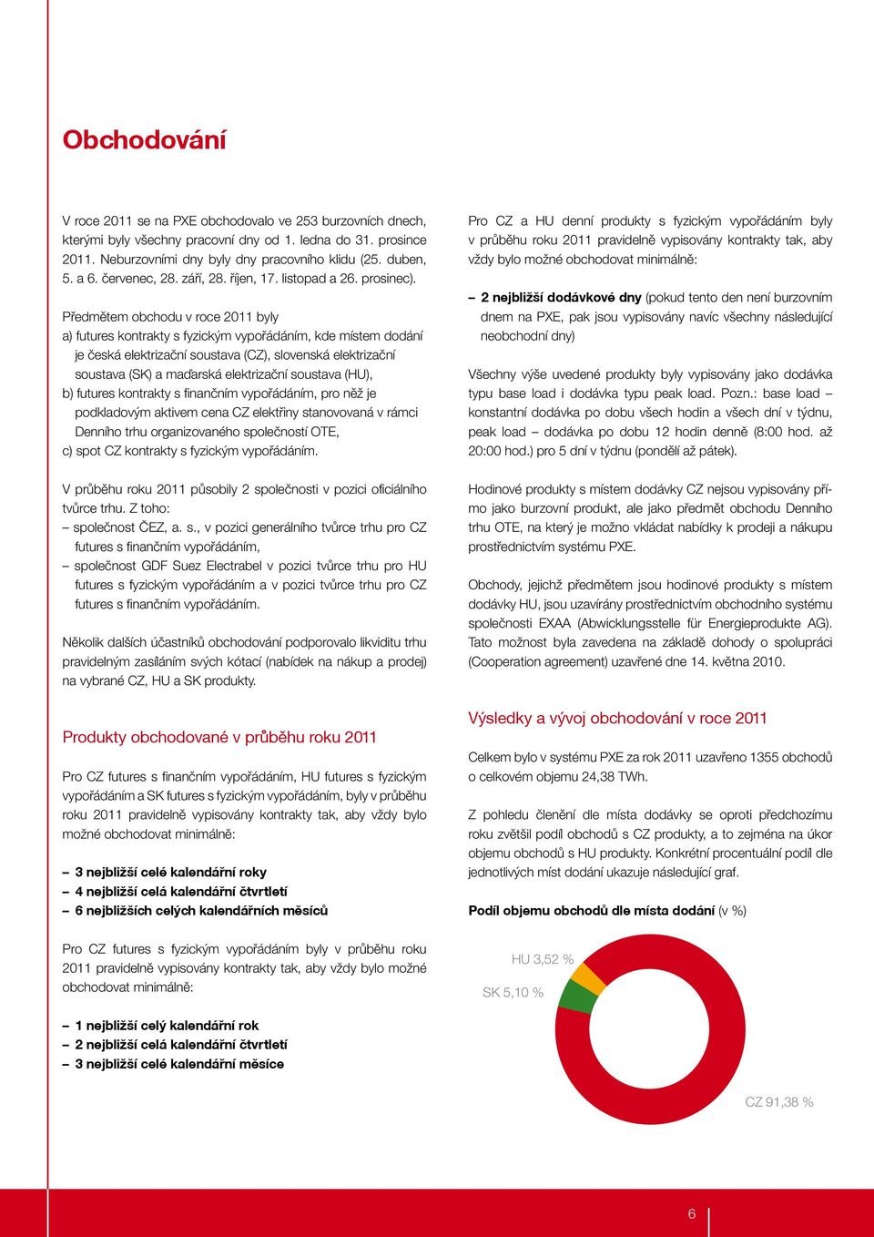 Předmětem obchodu v roce 2011 byly a) futures kontrakty s fyzickým vypořádáním, kde mís tem dodání je česká elektrizační soustava (CZ), slovenská elek trizační soustava (SK) a maďarská elektrizační