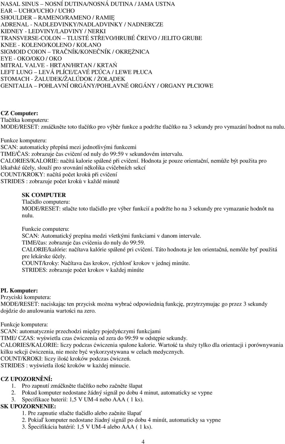 LEWE PŁUCA STOMACH - ŽALUDEK/ŽALÚDOK / OŁDEK GENITALIA POHLAVNÍ ORGÁNY/POHLAVNÉ ORGÁNY / ORGANY PŁCIOWE CZ Computer: Tlaítka komputeru: MODE/RESET: zmáknte toto tlaítko pro výbr funkce a podržte