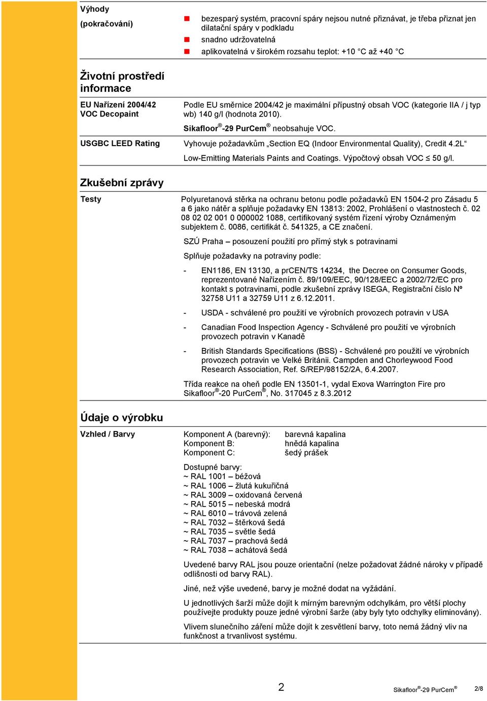 neobsahuje VOC. Vyhovuje požadavkům Section EQ (Indoor Environmental Quality), Credit 4.2L Low-Emitting Materials Paints and Coatings. Výpočtový obsah VOC 50 g/l.