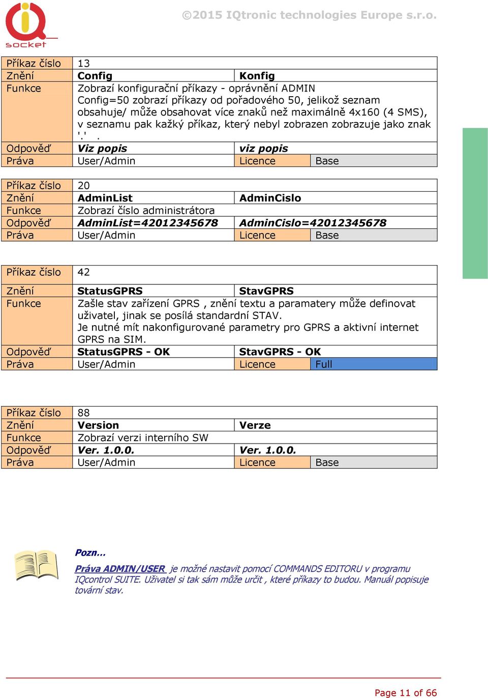 '. Odpověď Viz popis viz popis Práva User/Admin Licence Base Příkaz číslo 20 Znění AdminList AdminCislo Zobrazí číslo administrátora Odpověď AdminList=42012345678 AdminCislo=42012345678 Práva