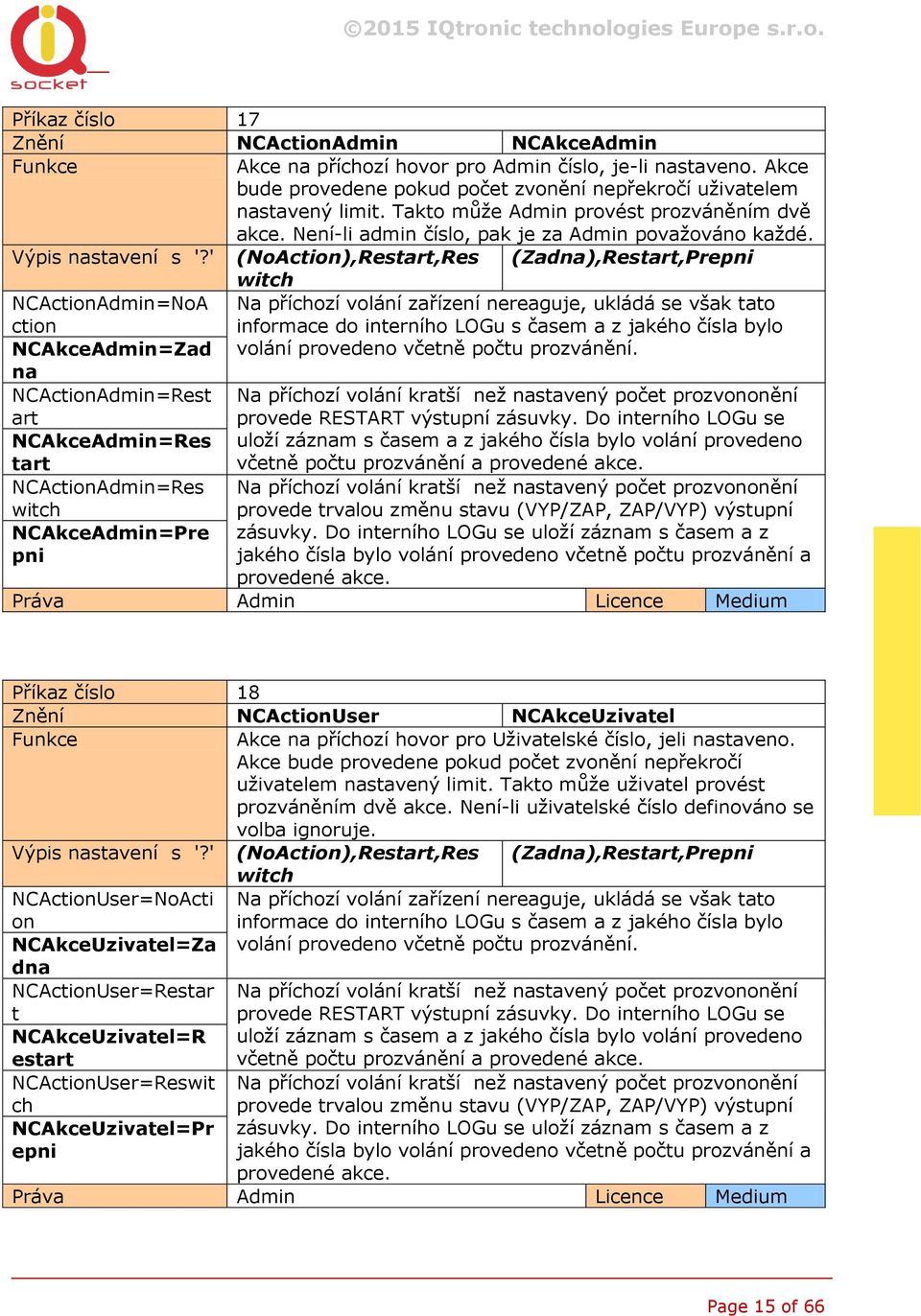' (NoAction),Restart,Res (Zadna),Restart,Prepni witch NCActionAdmin=NoA ction Na příchozí volání zařízení nereaguje, ukládá se však tato informace do interního LOGu s časem a z jakého čísla bylo