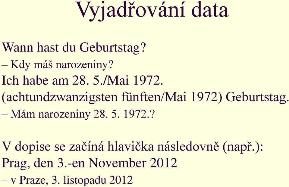 (achtundzwanzigsten fünften/mai 1972) Geburtstag. Mám narozeniny 28.