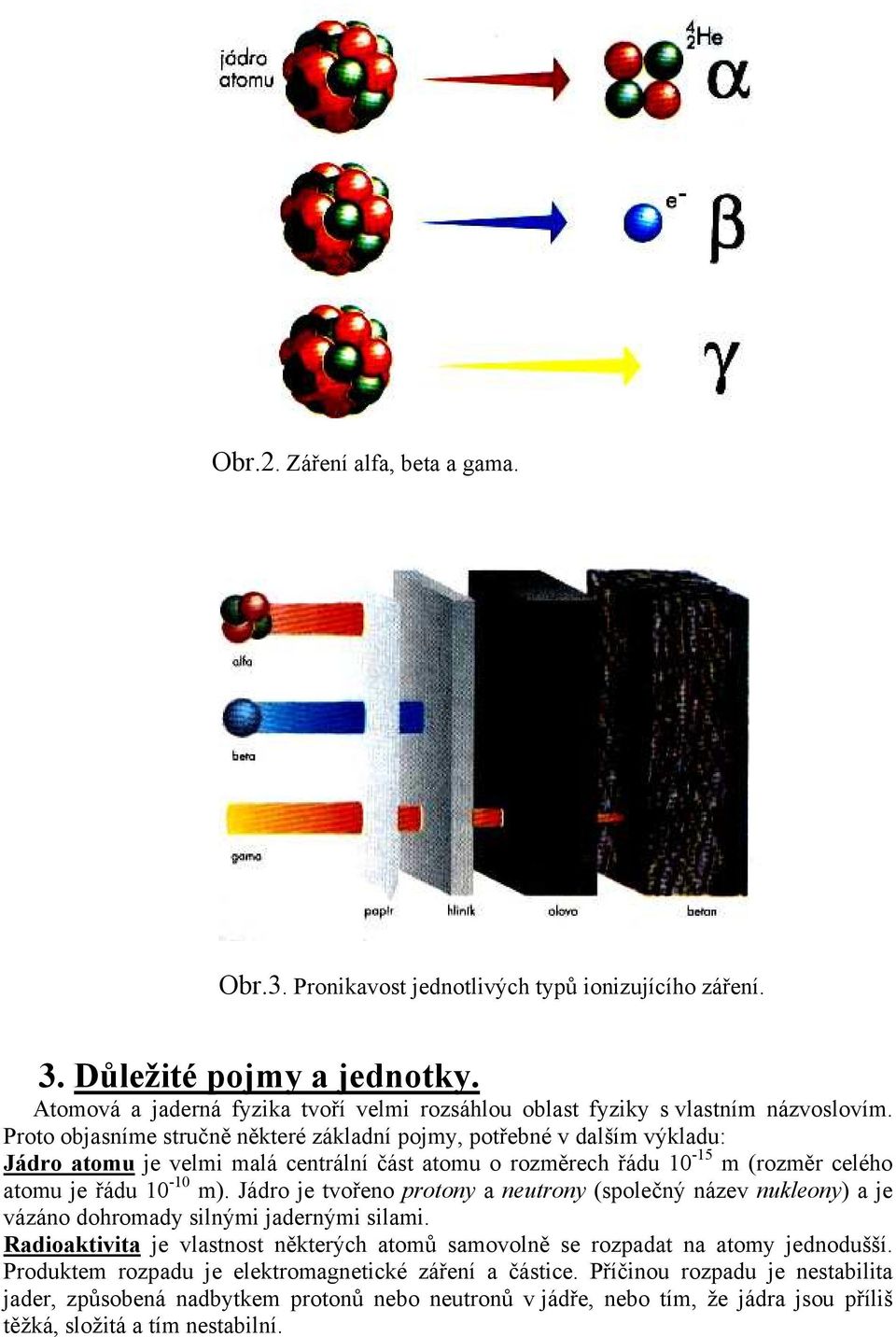 Proto objasníme stručně některé základní pojmy, potřebné v dalším výkladu: Jádro atomu je velmi malá centrální část atomu o rozměrech řádu 10-15 m (rozměr celého atomu je řádu 10-10 m).