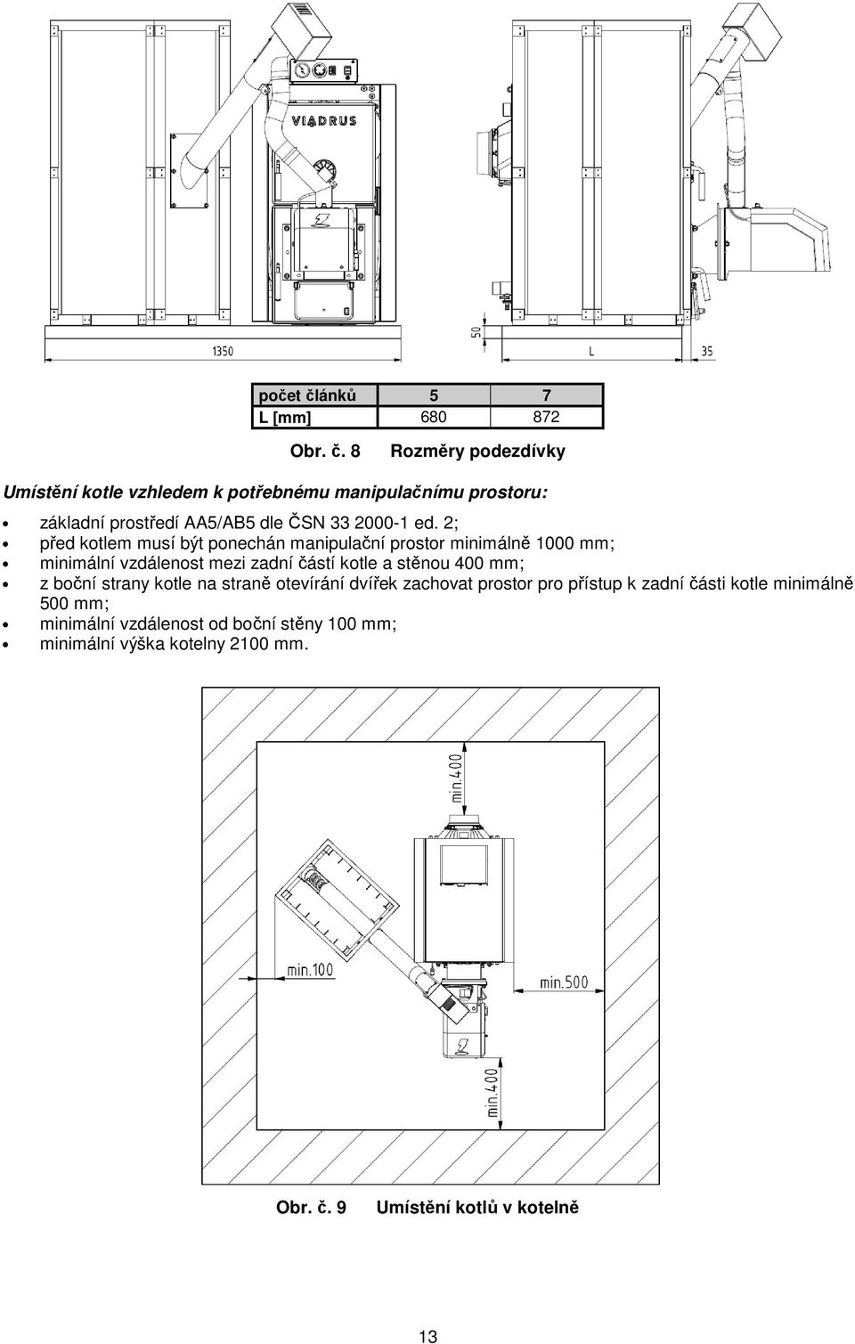 8 Rozměry podezdívky Umístění kotle vzhledem k potřebnému manipulačnímu prostoru: základní prostředí AA5/AB5 dle ČSN 33 2000-1 ed.