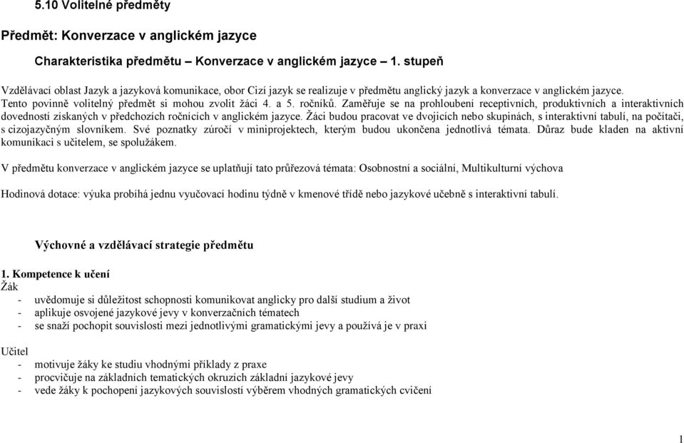 a 5. ročníků. Zaměřuje se na prohloubení receptivních, produktivních a interaktivních dovedností získaných v předchozích ročnících v anglickém jazyce.