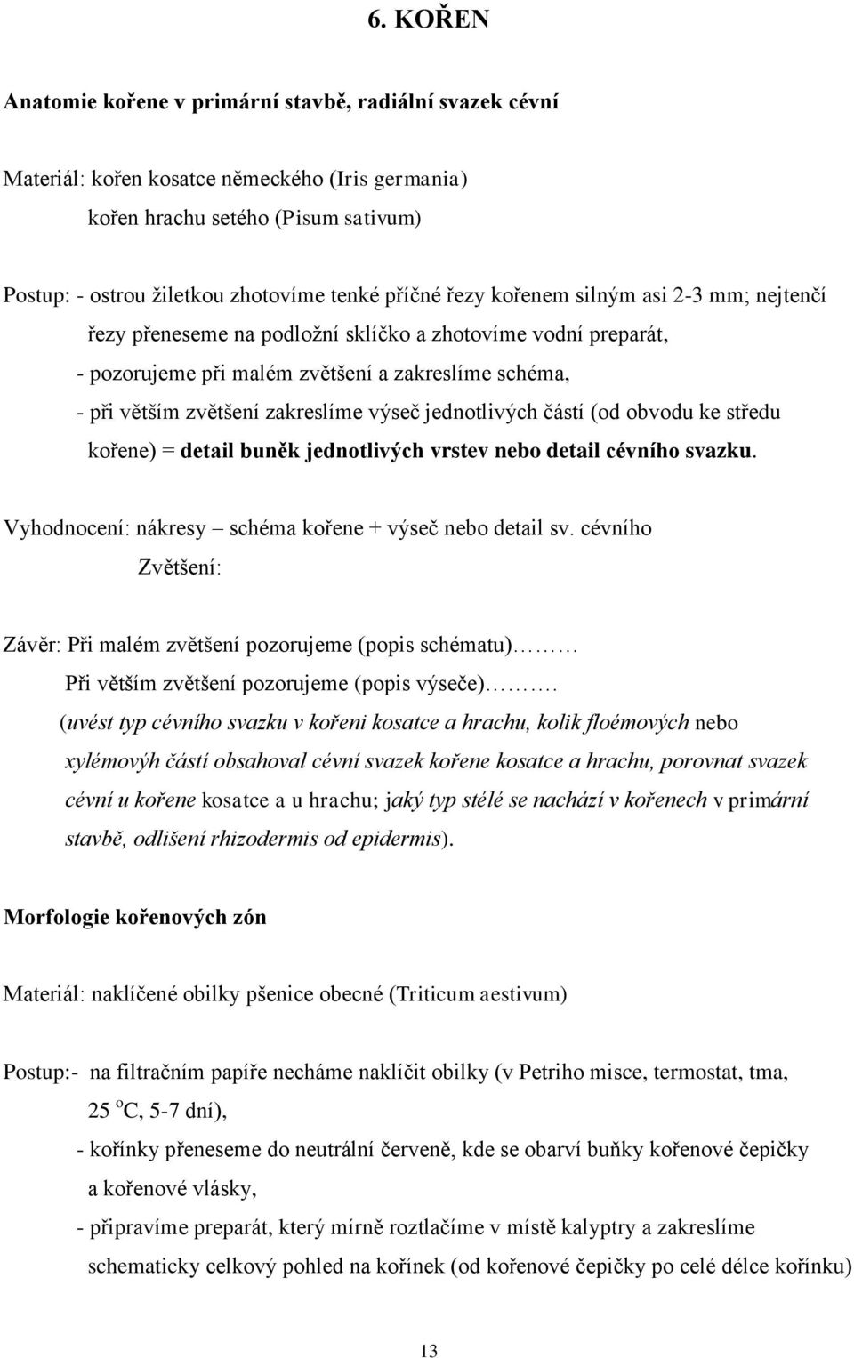 výseč jednotlivých částí (od obvodu ke středu kořene) = detail buněk jednotlivých vrstev nebo detail cévního svazku. Vyhodnocení: nákresy schéma kořene + výseč nebo detail sv.