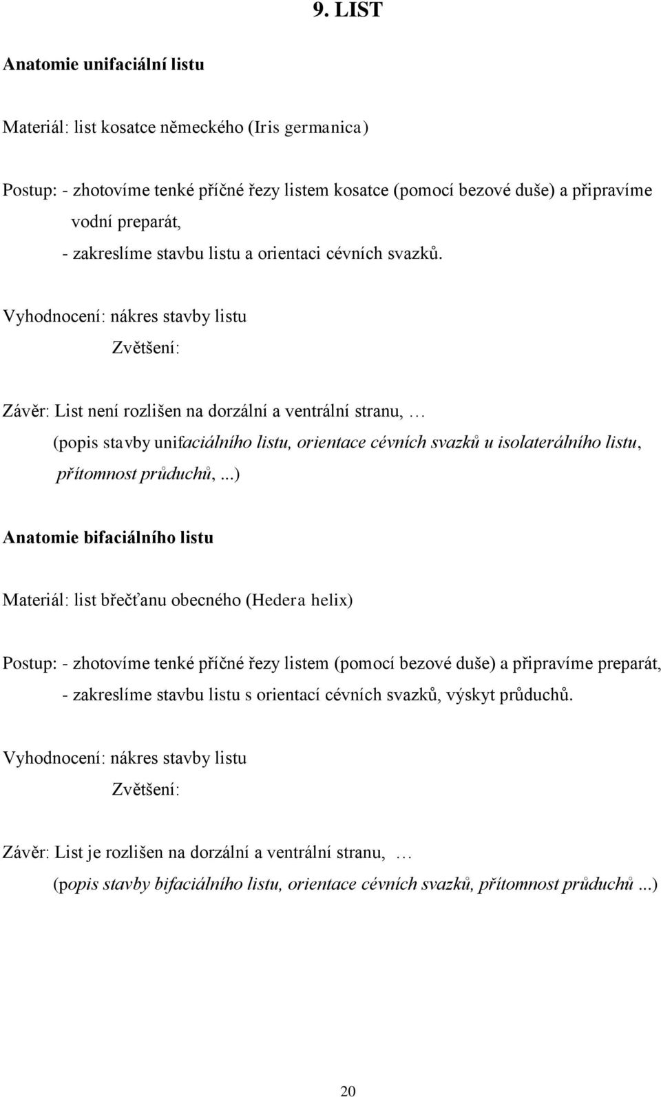 Vyhodnocení: nákres stavby listu Závěr: List není rozlišen na dorzální a ventrální stranu, (popis stavby unifaciálního listu, orientace cévních svazků u isolaterálního listu, přítomnost průduchů,.