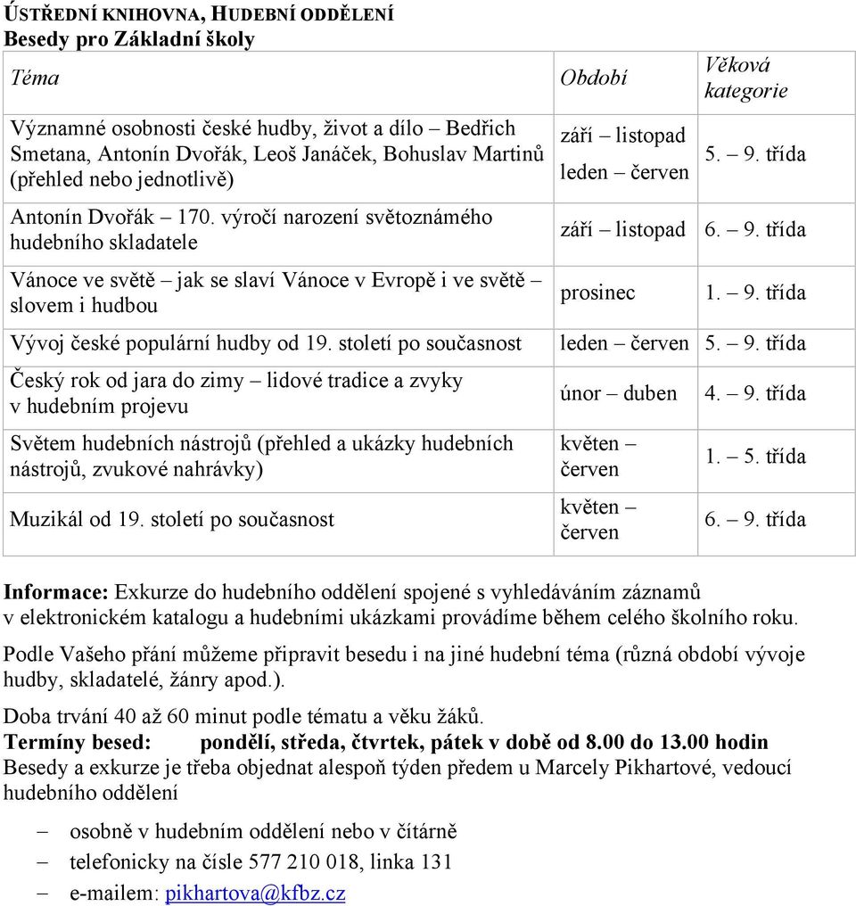 století po současnost Český rok od jara do zimy lidové tradice a zvyky v hudebním projevu Světem hudebních nástrojů (přehled a ukázky hudebních nástrojů, zvukové nahrávky) Muzikál od 19.