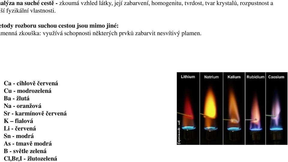 tody rozboru suchou cestou jsou mimo jiné: menná zkouška: využívá schopnosti některých prvků zabarvit