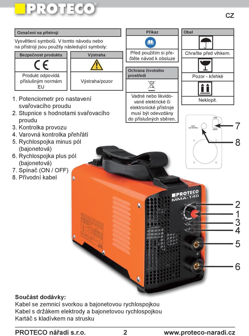 Produkt odpovídá příslušným normám EU Výstraha/pozor Ochrana životního prostředí Pozor - křehké 1. Potenciometr pro nastavení svařovacího proudu 2. Stupnice s hodnotami svařovacího proudu 3.