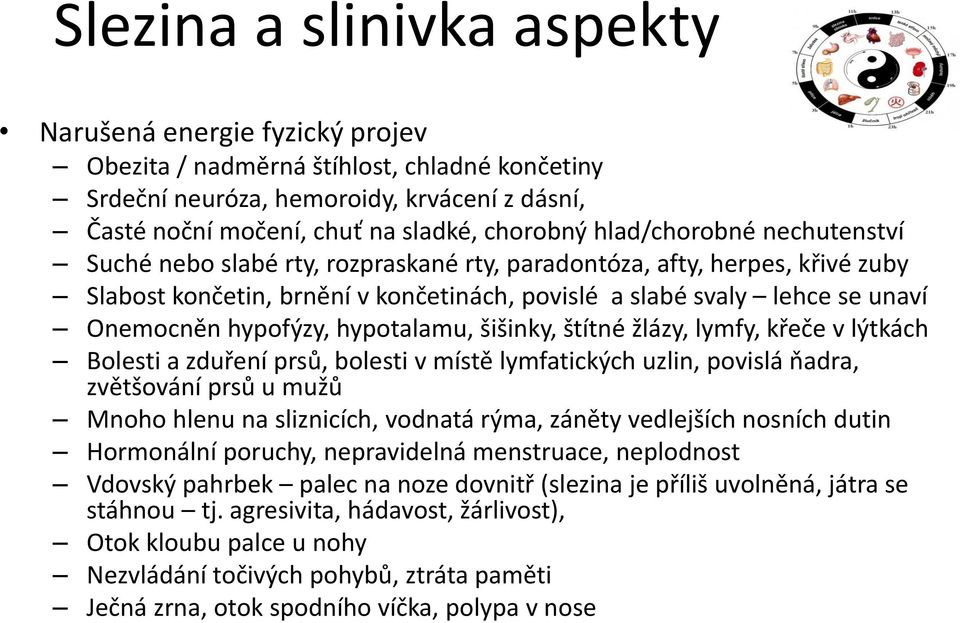 hypofýzy, hypotalamu, šišinky, štítné žlázy, lymfy, křeče v lýtkách Bolesti a zduření prsů, bolesti v místě lymfatických uzlin, povislá ňadra, zvětšování prsů u mužů Mnoho hlenu na sliznicích,