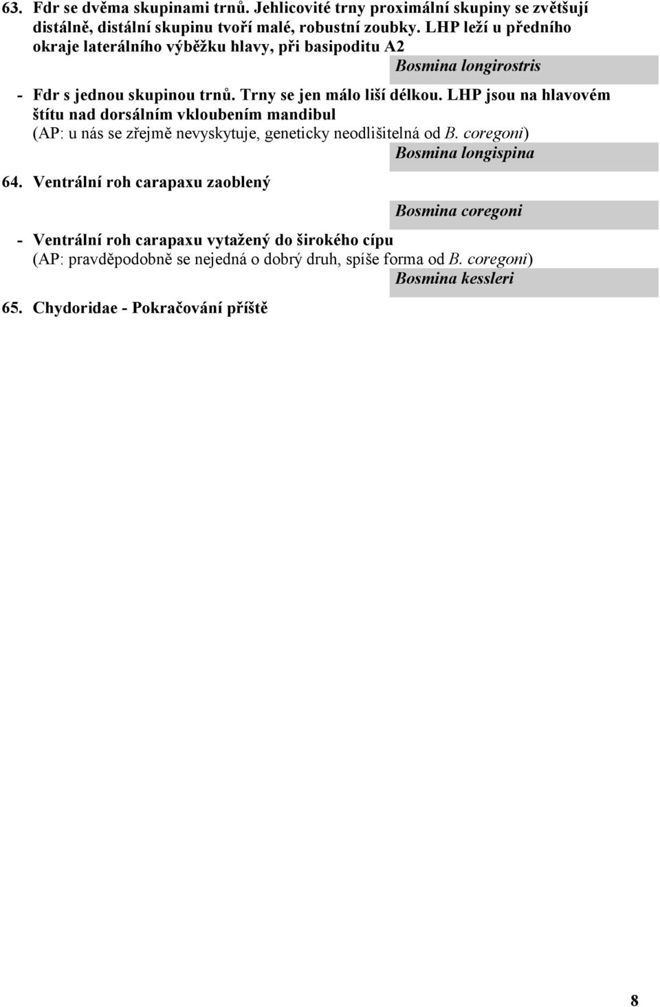 LHP jsou na hlavovém štítu nad dorsálním vkloubením mandibul (AP: u nás se zřejmě nevyskytuje, geneticky neodlišitelná od B. coregoni) Bosmina longispina 64.