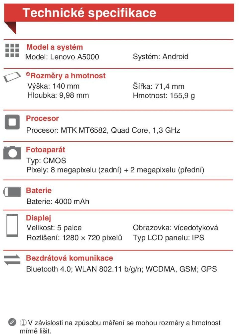 (přední) Baterie Baterie: 4000 mah Displej Velikost: 5 palce Rozlišení: 1280 720 pixelů Obrazovka: vícedotyková Typ LCD panelu: IPS