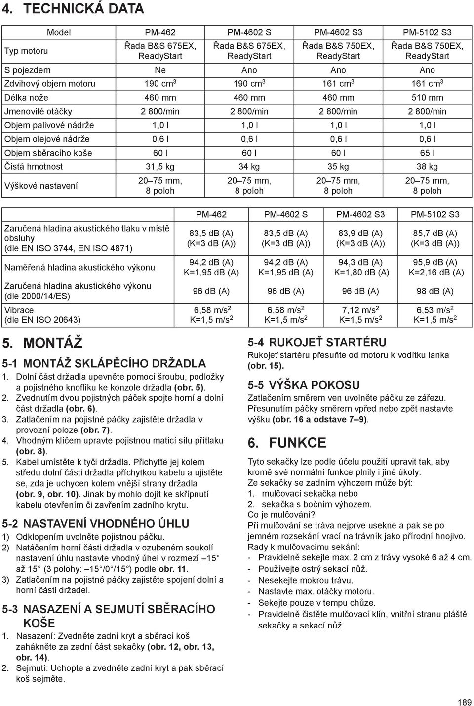 1,0 l Objem olejové nádrže 0,6 l 0,6 l 0,6 l 0,6 l Objem sb racího koše 60 l 60 l 60 l 65 l istá hmotnost 31,5 kg 34 kg 35 kg 38 kg Výškové nastavení 20 75 mm, 8 poloh 20 75 mm, 8 poloh 20 75 mm, 8