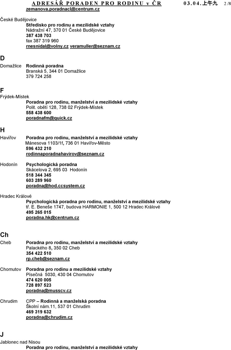 cz D Domažlice Rodinná poradna Branská 5, 344 01 Domažlice 379 724 258 F Frýdek-Místek Polit. obětí 128, 738 02 Frýdek-Místek 558 438 600 poradnafm@quick.